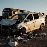 Crashed minivan lies on its side with freight train behind and debris scattered across dawn-lit ground