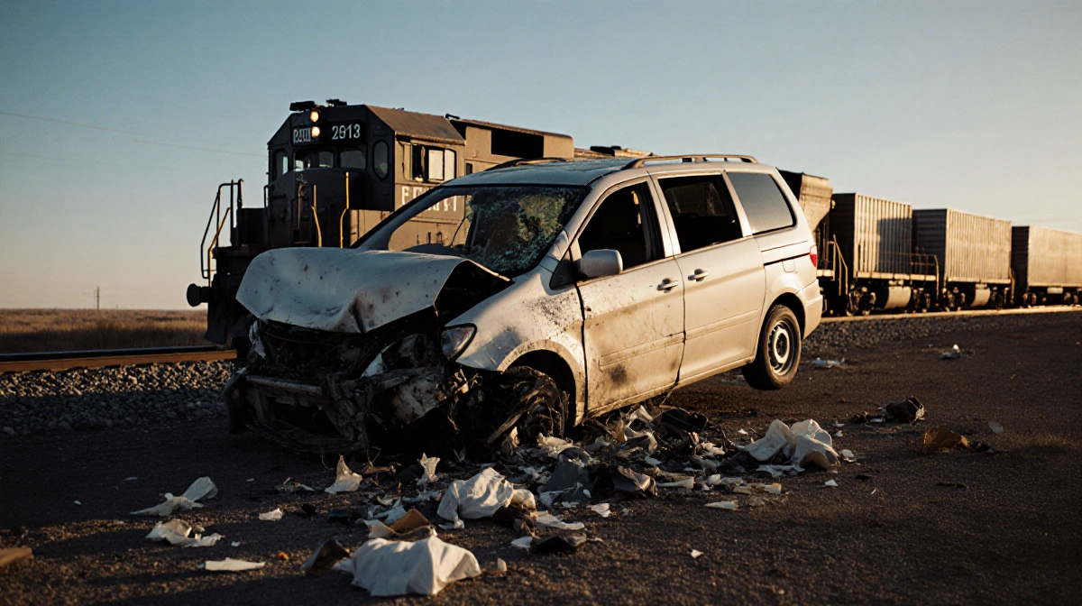 Crashed minivan lies on its side with freight train behind and debris scattered across dawn-lit ground