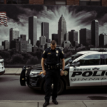 Border Patrol agent standing in front of a police vehicle with a faded Minneapolis skyline mural and an American flag