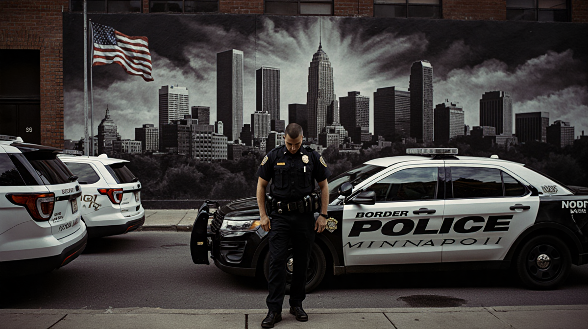 Border Patrol agent standing in front of a police vehicle with a faded Minneapolis skyline mural and an American flag
