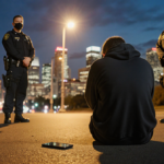 Figure in hoodie seated with phone on ground and handcuffs behind back near Border Patrol agents watching under dusk light.