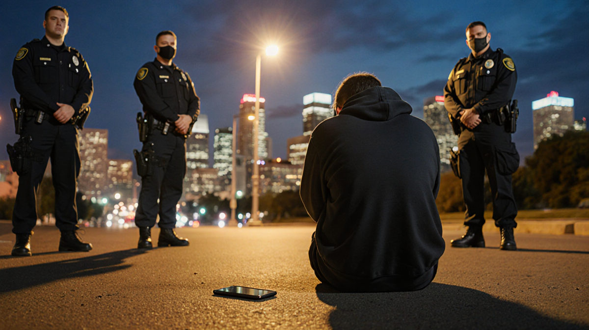 Figure in hoodie seated with phone on ground and handcuffs behind back near Border Patrol agents watching under dusk light.