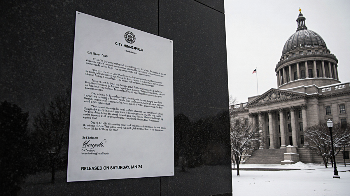 City hall in Minneapolis displays official press release with snow-covered trees backdrop.