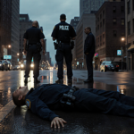 Lone figure lying on wet pavement with police badge while federal officers stand behind and bystander freezes shock