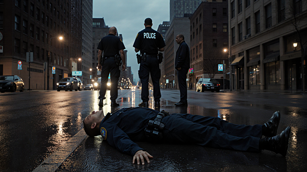 Lone figure lying on wet pavement with police badge while federal officers stand behind and bystander freezes shock