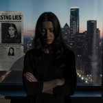 Woman standing alone in front of Minneapolis skyline at dusk with reflected headline Disgusting Lies and long shadows.