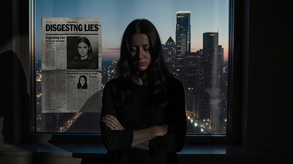 Woman standing alone in front of Minneapolis skyline at dusk with reflected headline Disgusting Lies and long shadows.