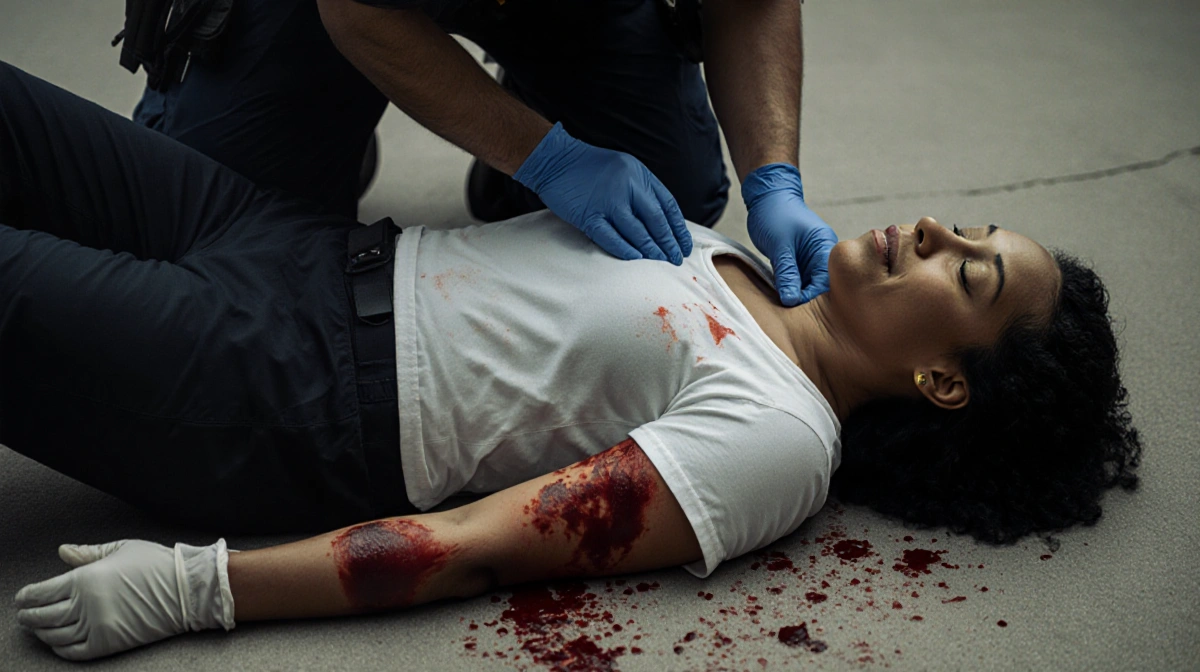 Minneapolis EMS worker treating woman with gunshot wounds on arm and head showing bloodstains