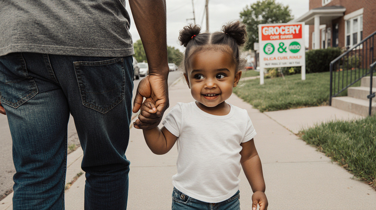 Curious 2-year-old girl walking with smiling father on Minneapolis sidewalk with grocery store signs in background