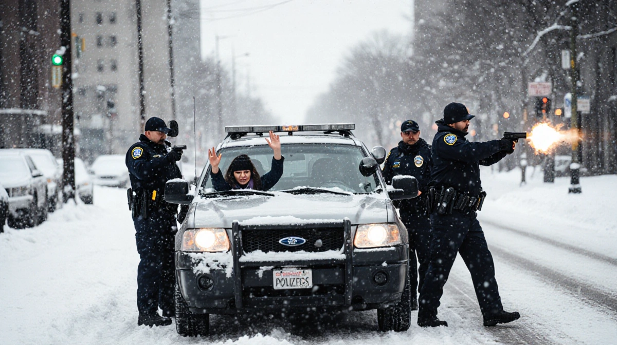 Woman sits in SUV with hands raised as ICE officer Jonathan Ross points gun during Minneapolis shooting with snow covered str