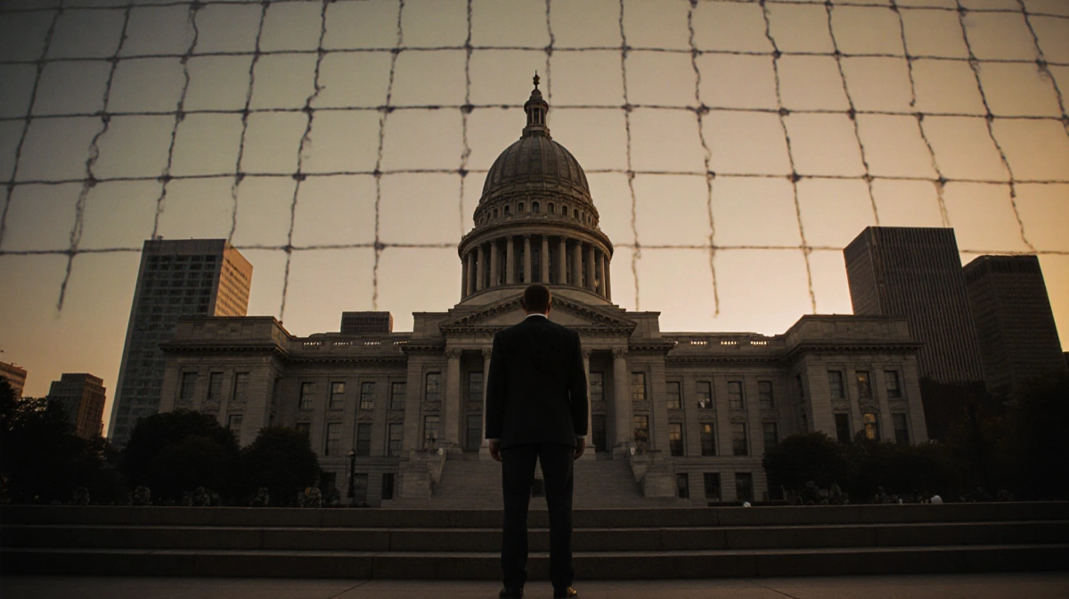 Mayor Jacob Frey stands on Minneapolis City Hall steps with federal troops visible in background