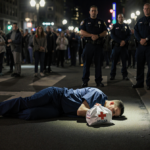 Lone figure in scrubs lying face‑down under a spotlight with a medical bag on a Minneapolis street and officers in shadows.