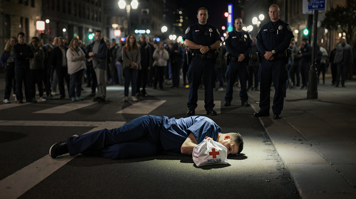Lone figure in scrubs lying face‑down under a spotlight with a medical bag on a Minneapolis street and officers in shadows.