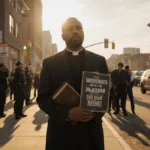 Minneapolis pastor stands on Portland Avenue with protest sign and Bible while protesters and police gather behind him