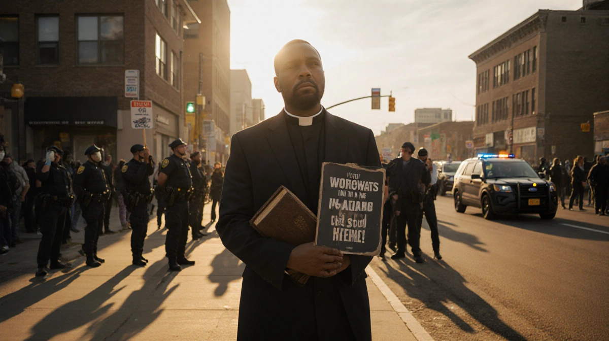 Minneapolis pastor stands on Portland Avenue with protest sign and Bible while protesters and police gather behind him