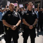 Police and ICE agents stand side by side with protestors raising hands on Minneapolis street during a tense law‑enforcement p