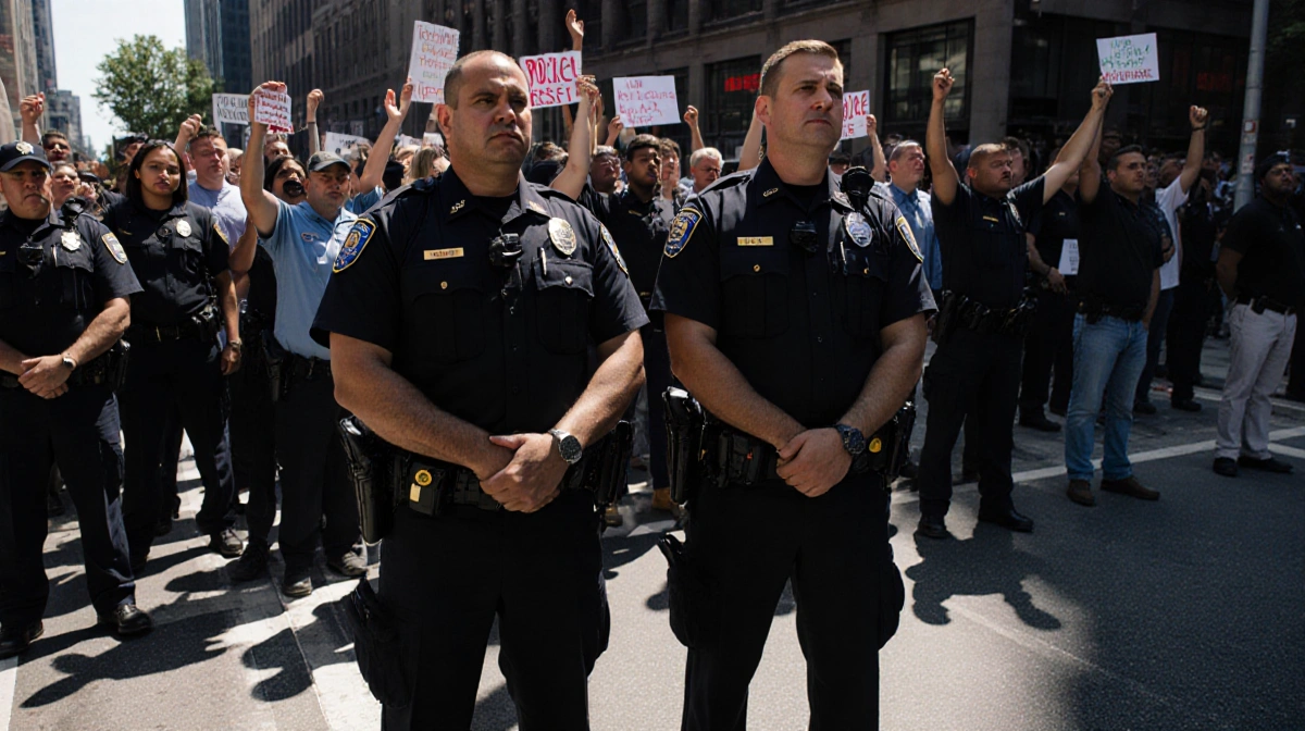 Police and ICE agents stand side by side with protestors raising hands on Minneapolis street during a tense law‑enforcement p