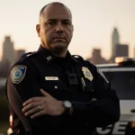 Minnesota police officer stands with arms crossed holding badge with confidential stamp and unmarked car behind