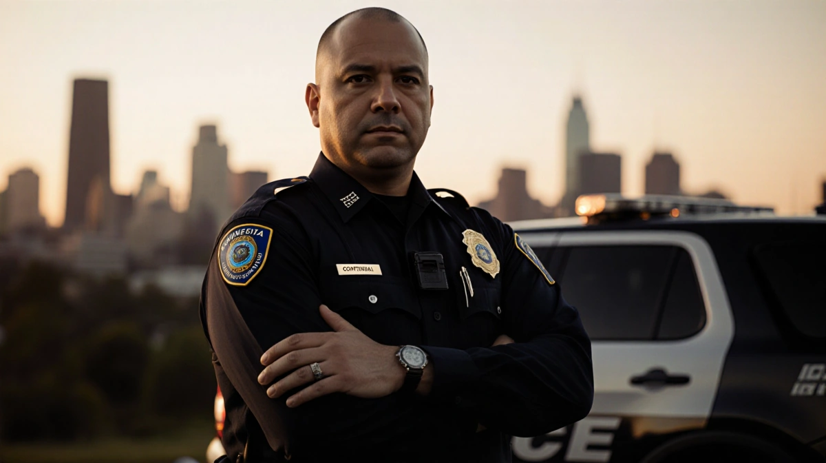 Minnesota police officer stands with arms crossed holding badge with confidential stamp and unmarked car behind