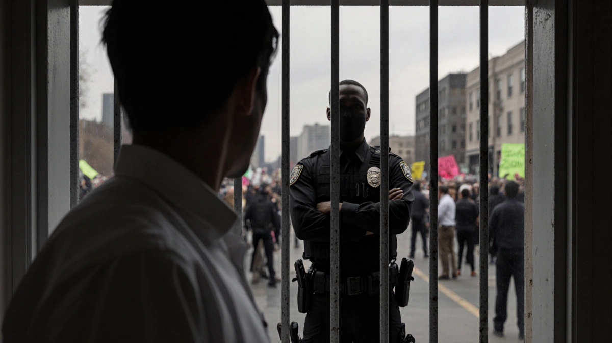 Man in white shirt facing security guard with crossed arms behind gated door and blurred Minneapolis cityscape