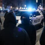 Protesters surrounding police vehicle with dim lighting and shadows showing Minneapolis tension