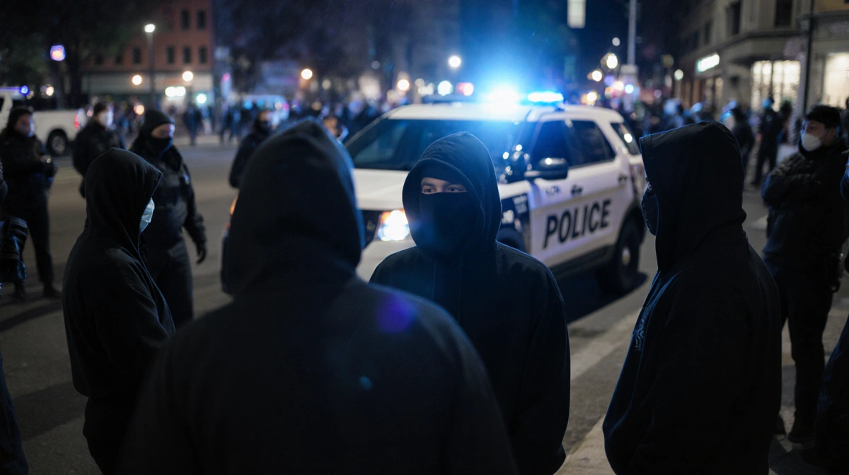 Protesters surrounding police vehicle with dim lighting and shadows showing Minneapolis tension