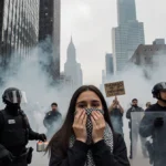 Young woman covering face with scarf stands with protesters holding signs near riot police with tear gas smoke rising