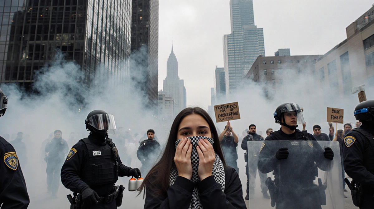 Young woman covering face with scarf stands with protesters holding signs near riot police with tear gas smoke rising