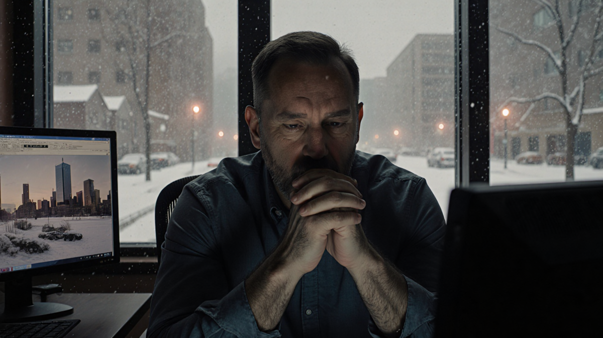 Paul Allen apologizes in a quiet radio studio with a faint monitor glow and foggy windows reflecting snow.