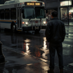 Lone figure standing on wet curb of Minneapolis street with rain-soaked pavement and bus headlights glowing.