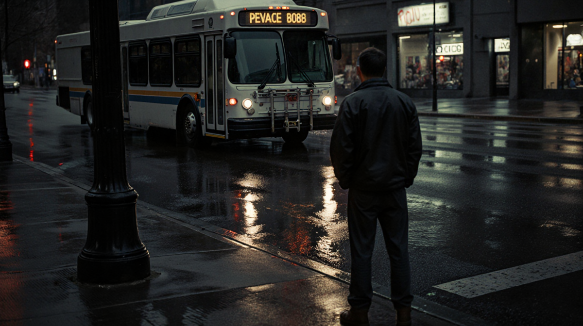 Lone figure standing on wet curb of Minneapolis street with rain-soaked pavement and bus headlights glowing.