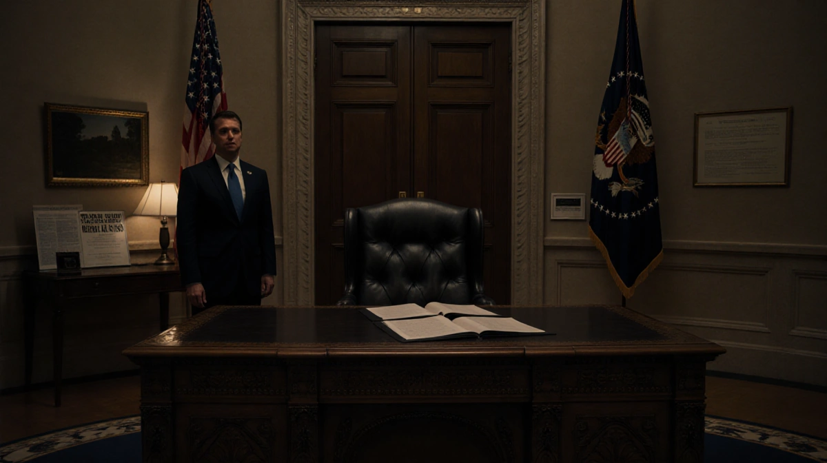 Mayor Frey stands beside ornate desk with Civil War-era law and official documents showing tense Minnesota capitol interior
