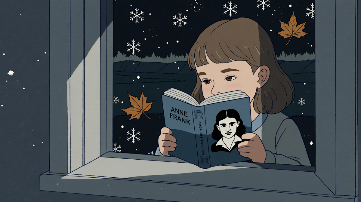 Minnesota child hides behind window holding Anne Frank diary with muted blue-grey sky and falling snowflakes.