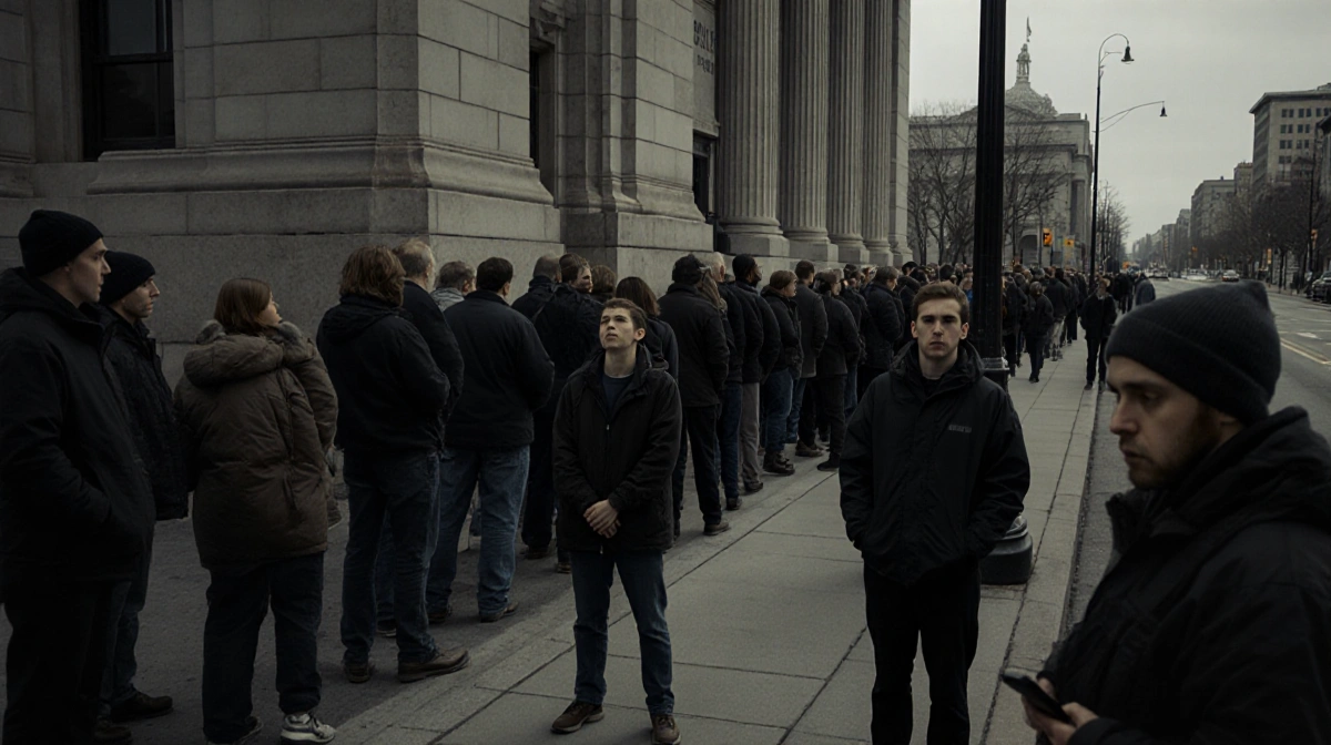 Worried Minnesotans stand in long lines outside government building with overcast sky and tense crowd