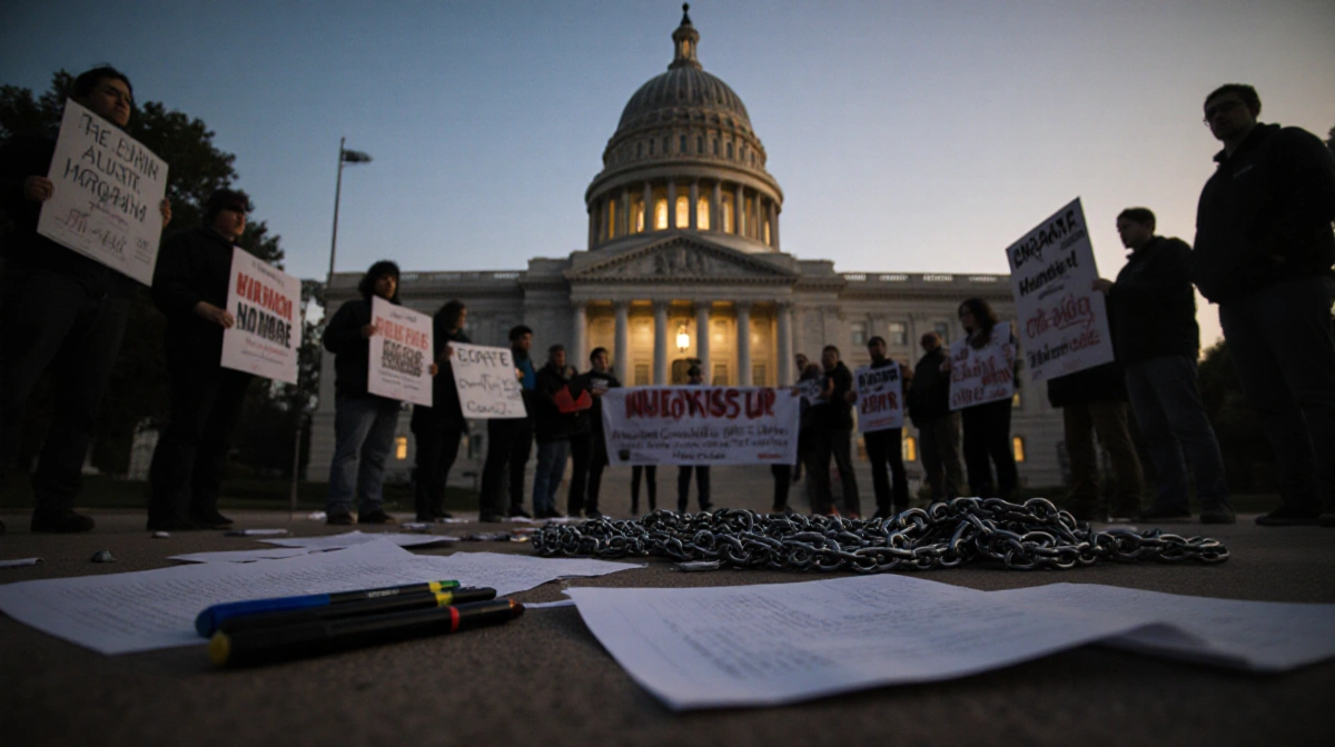 Protesters hold signs at Minnesota courthouse with scattered papers and broken chains on ground