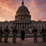 Military personnel stand guard at Minnesota State Capitol with protesters and church leader nearby