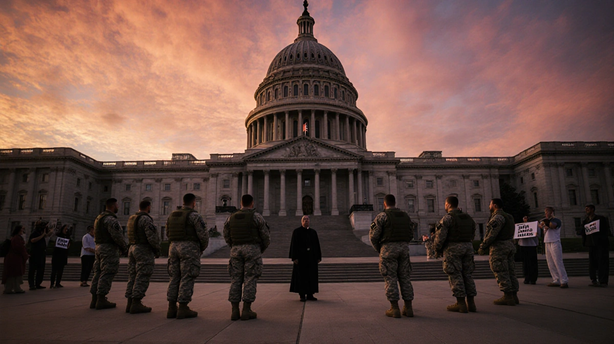 Military personnel stand guard at Minnesota State Capitol with protesters and church leader nearby