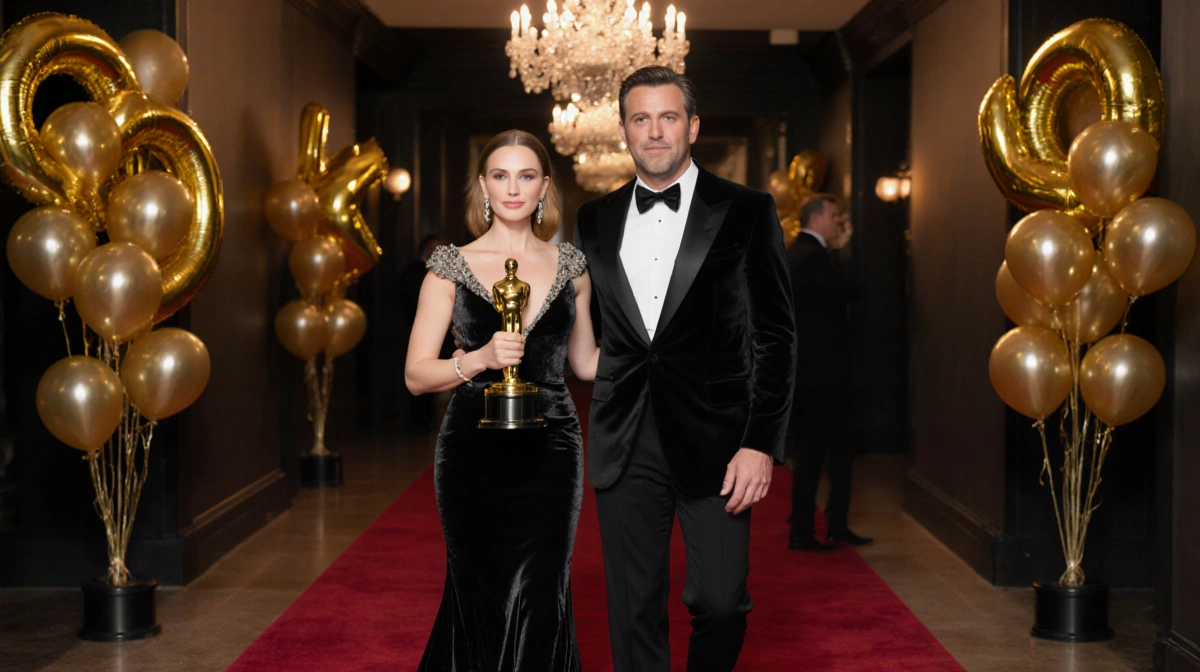 Minnie Driver poses with Golden Globe trophy alongside Matt Damon in art deco gown and tuxedo with gold balloons behind