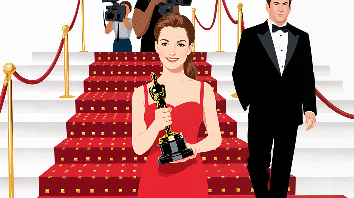 Minnie Driver holding Oscar trophy on red carpet with Matt Damon approaching behind her