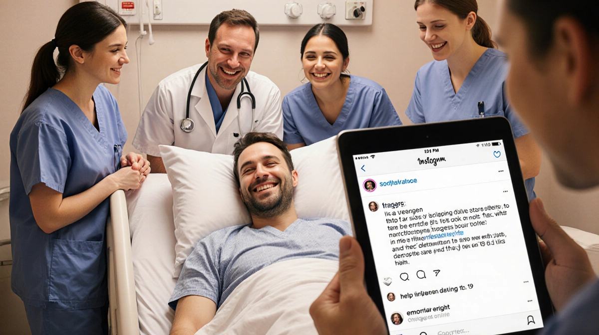 Patient recovering in hospital bed with medical team smiling and tablet showing Instagram recovery update