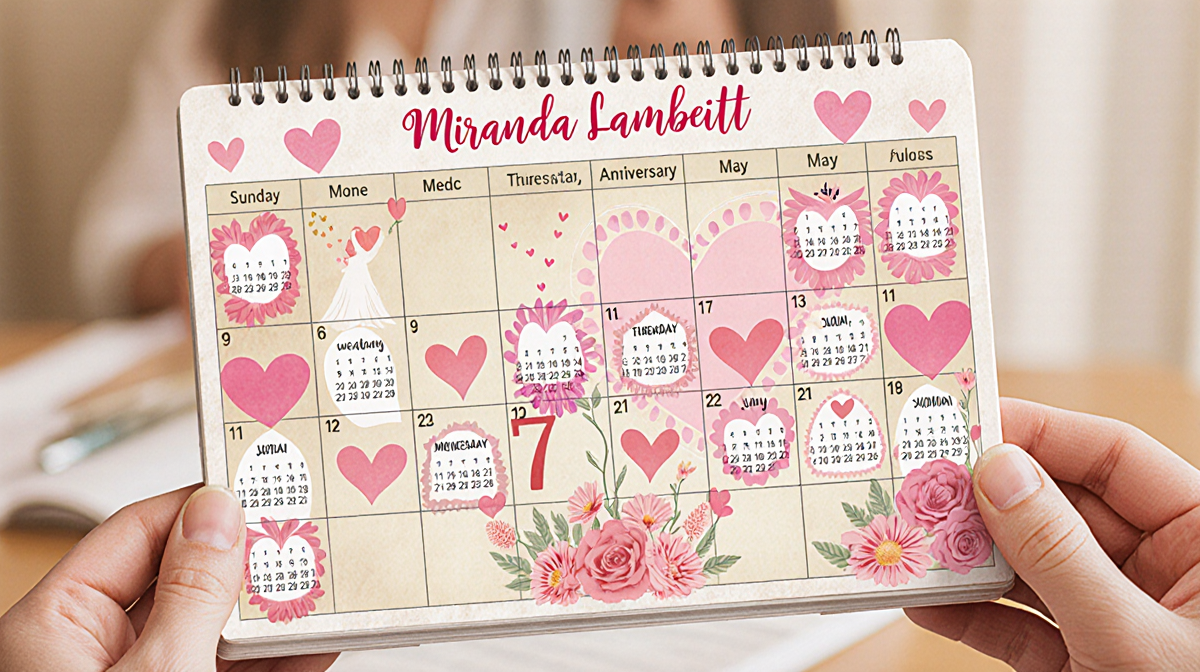Calendar page displaying anniversary key dates with hearts and flowers around wedding day