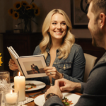 Miranda Lambert smiles while holding a photo album with Brendan McLoughlin and watching romantic dinner table with sunflowers
