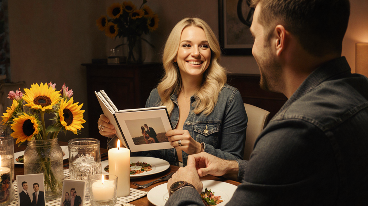 Miranda Lambert smiles while holding a photo album with Brendan McLoughlin and watching romantic dinner table with sunflowers