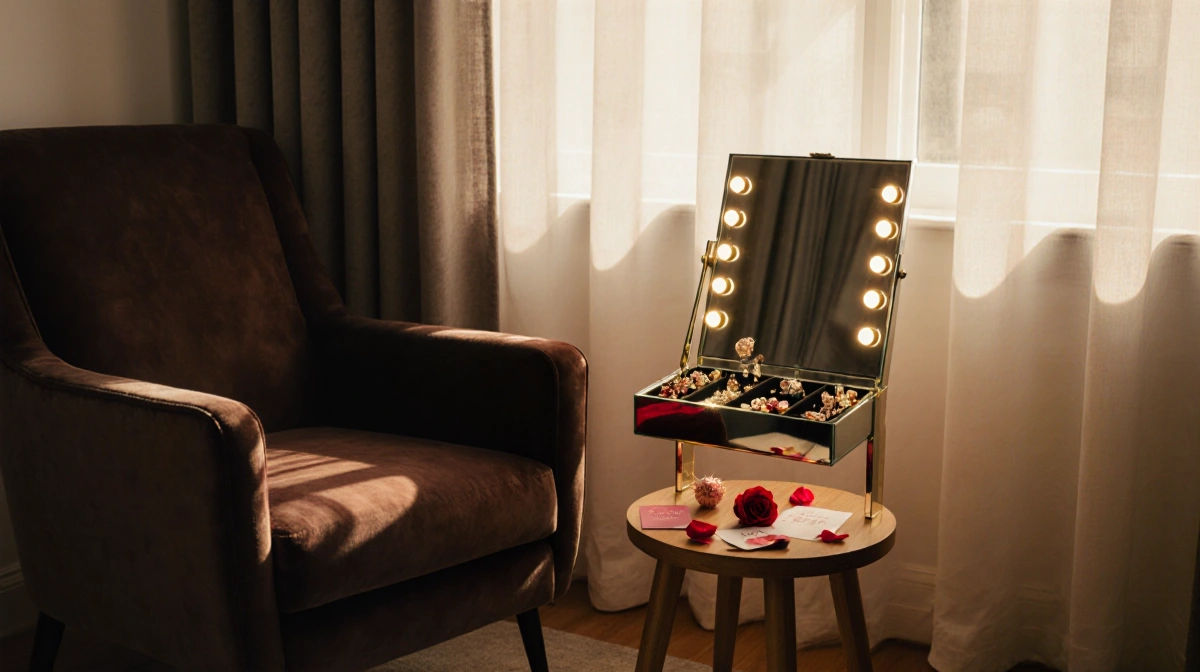 Mirror jewelry cabinet reflects trinkets with rose petals and Valentine