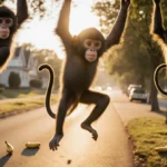 Monkeys swinging from highway trees with bananas on ground and suburban homes behind