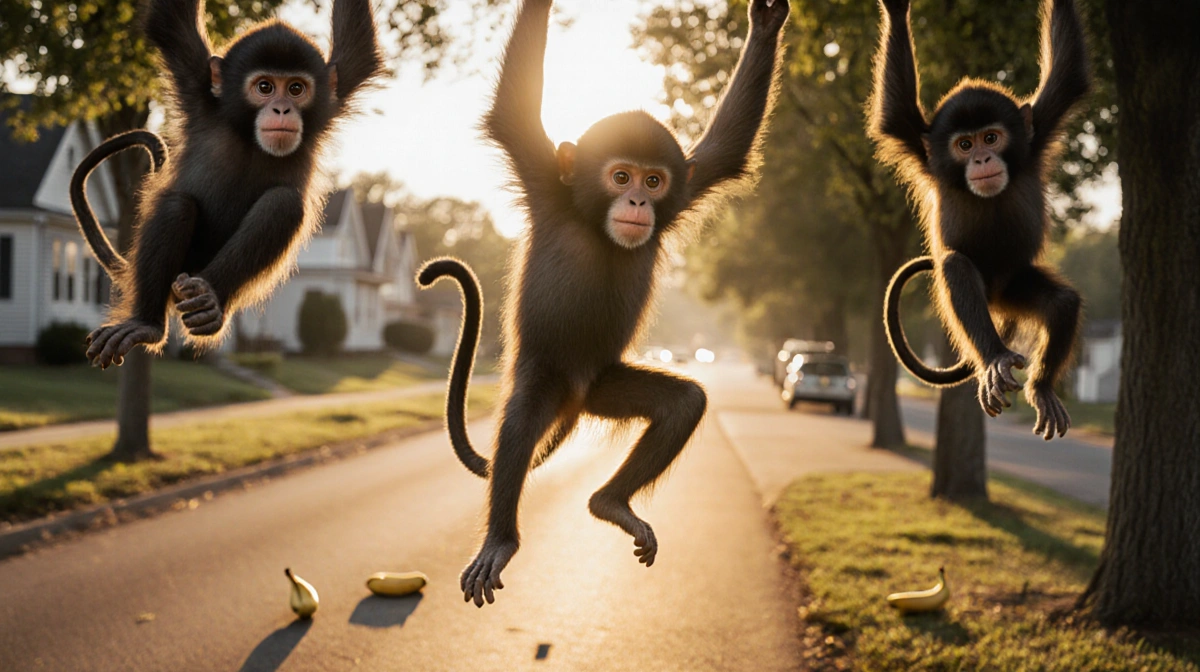 Monkeys swinging from highway trees with bananas on ground and suburban homes behind