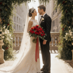 Bride and groom standing at altar with red roses bouquet and white rose boutonniere in golden light