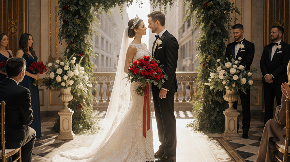 Bride and groom standing at altar with red roses bouquet and white rose boutonniere in golden light
