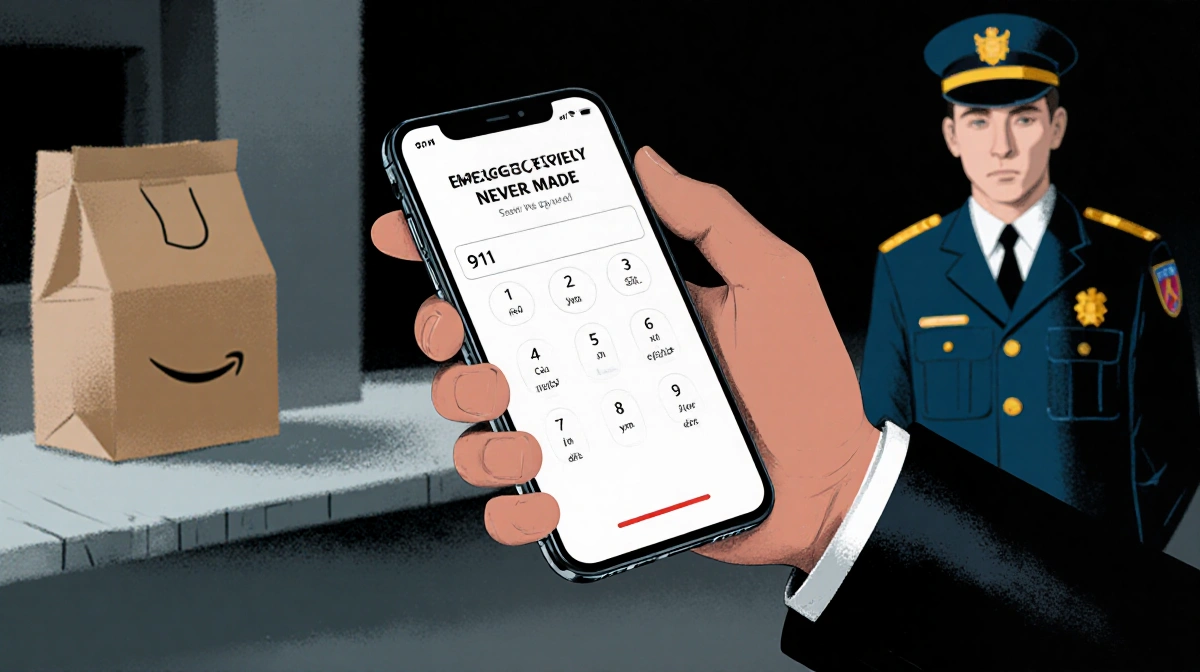 Person holding smartphone with blank 911 emergency screen and Amazon delivery uniform blurred behind