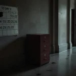 Shadowy courthouse hallway holds a lone redacted file cabinet with a calendar showing 30 days past deadline and a blurred fig